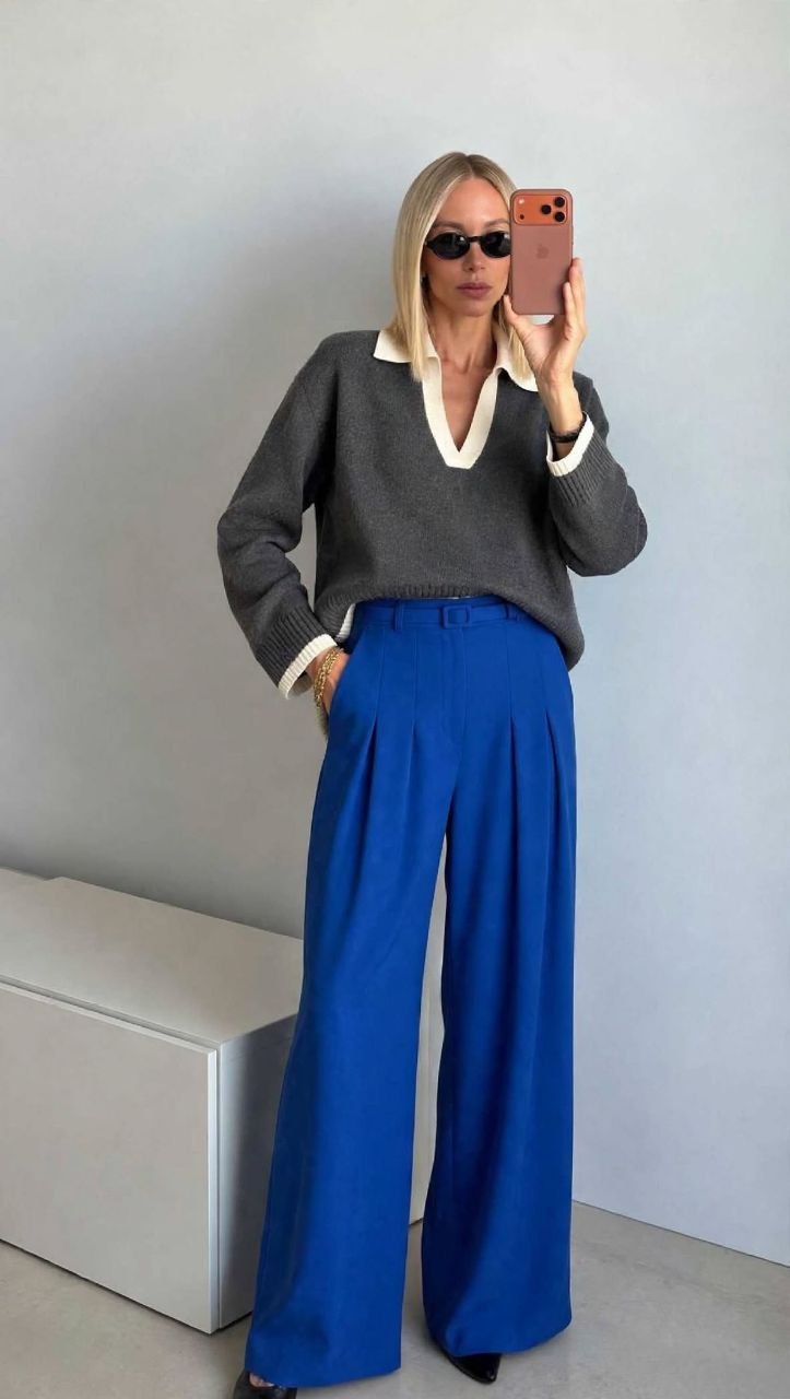 Pantalone palazzo con cintura quadrata sottile